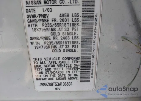 2003 Nissan Murano Sl from USA, damaged, VIN JN8AZ08T53W106894